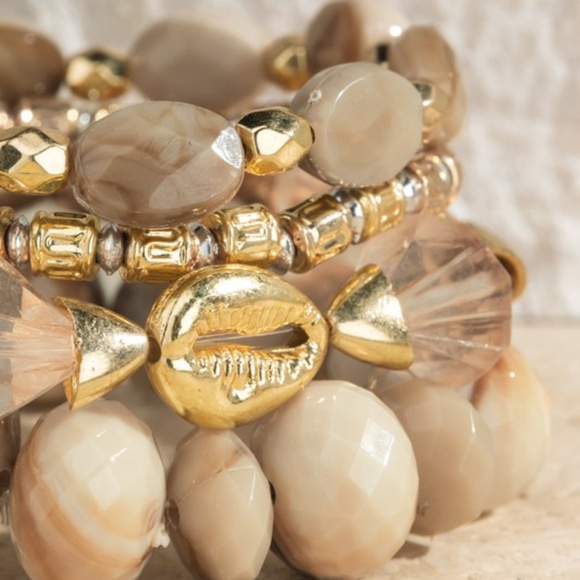 Barbados Multi Layered Mixed Glass Beaded Stretch Gold Tone Shell Bracelet Set - Picture 3 of 5